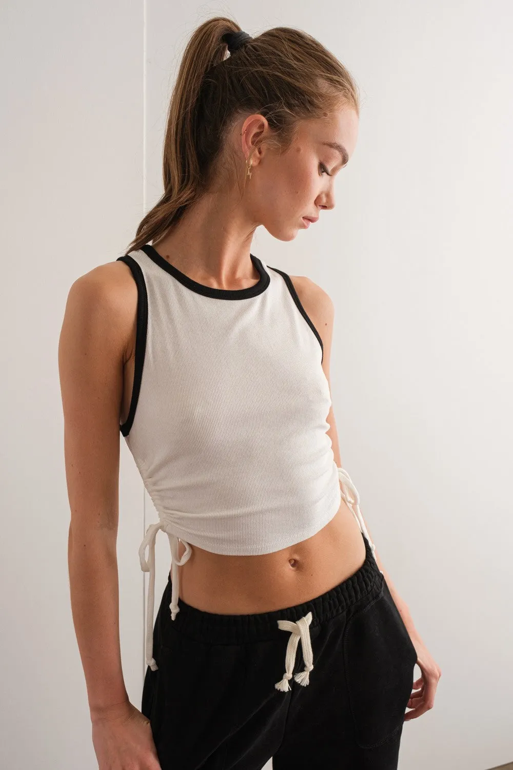 Kendall Side Tie Shirred Tank Ivory Black