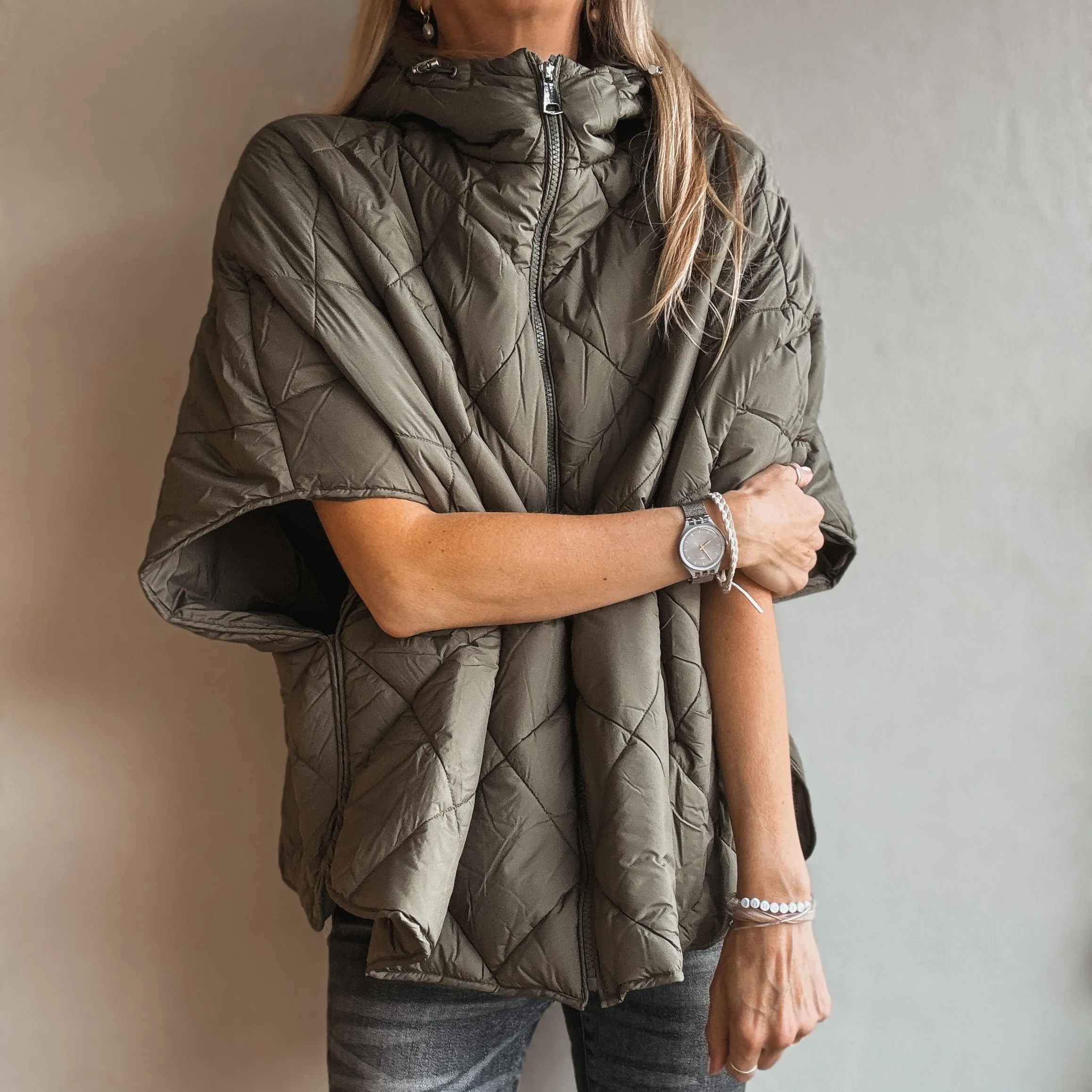 Khaki puffer poncho gilet jacket *NEW*