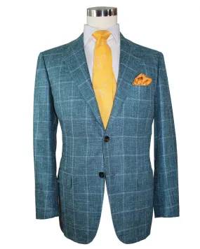 Kiton Sport Coat EU 54 / US 42 Cashmere Linen Silk Teal Blue Windowpane