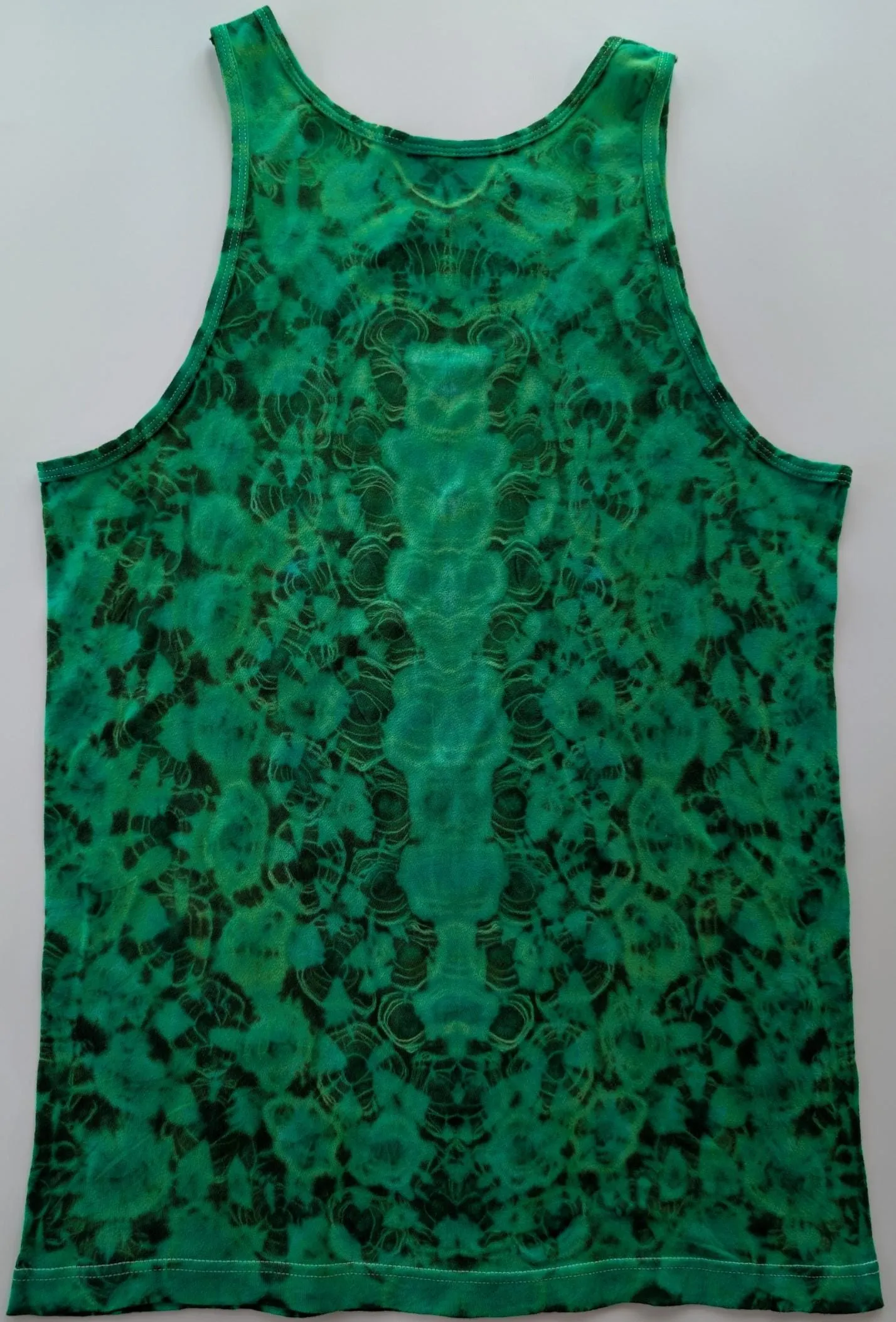 Large Kenney Style w/ Some Cosmic Totems Down the Center of Front and Back in Greens Tie Dye on a Tultex 105 Cotton Tank Top