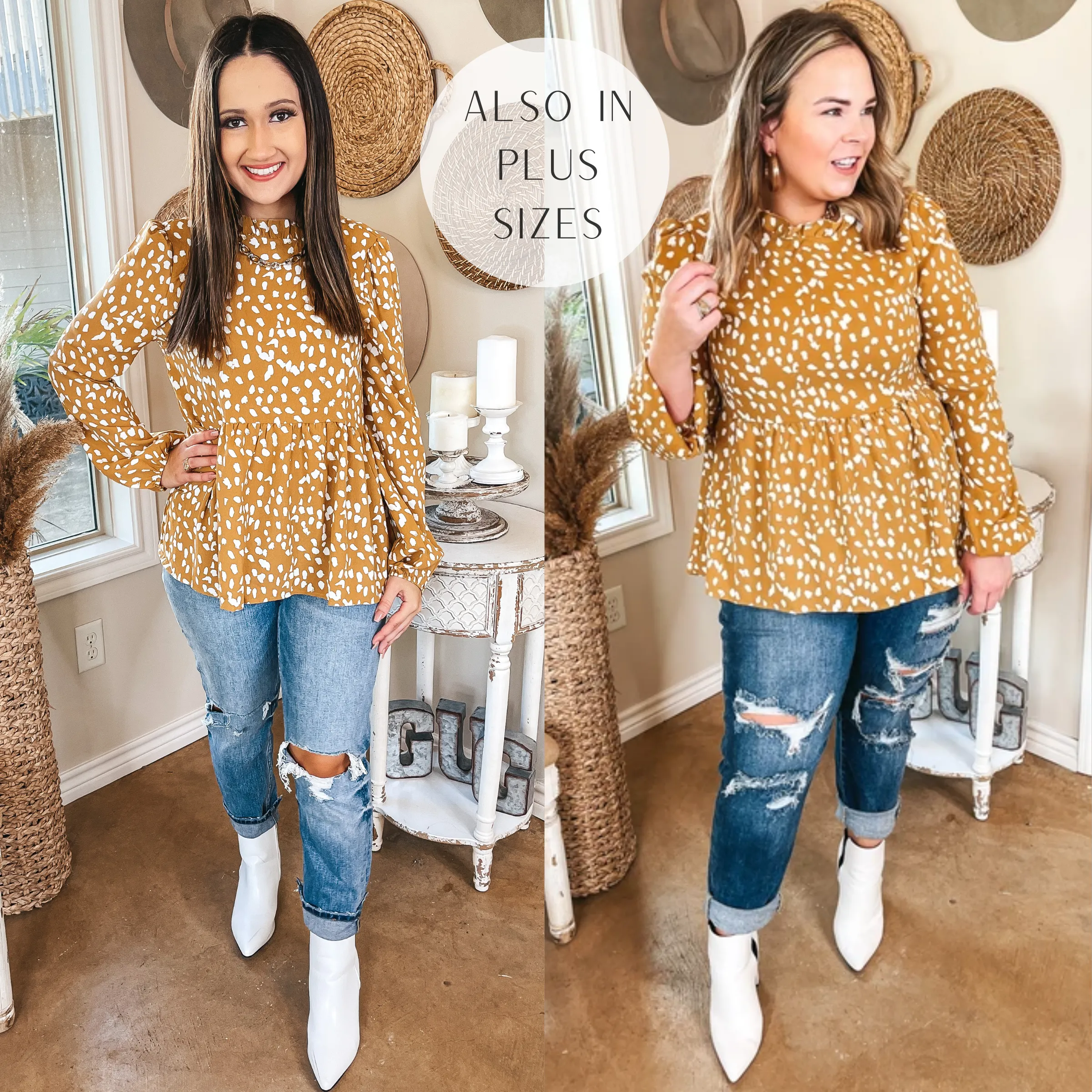 Last Chance Size Small | Brunch in the City Dotted High Neck Babydoll Blouse with Long Sleeves in Mustard Yellow