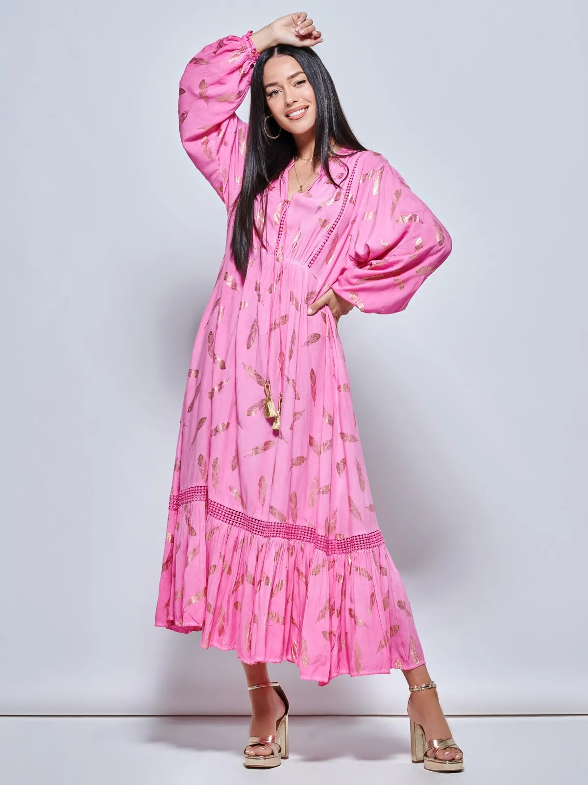 Long Sleeved Lace Trim Holiday Maxi Dress, Pink Multi