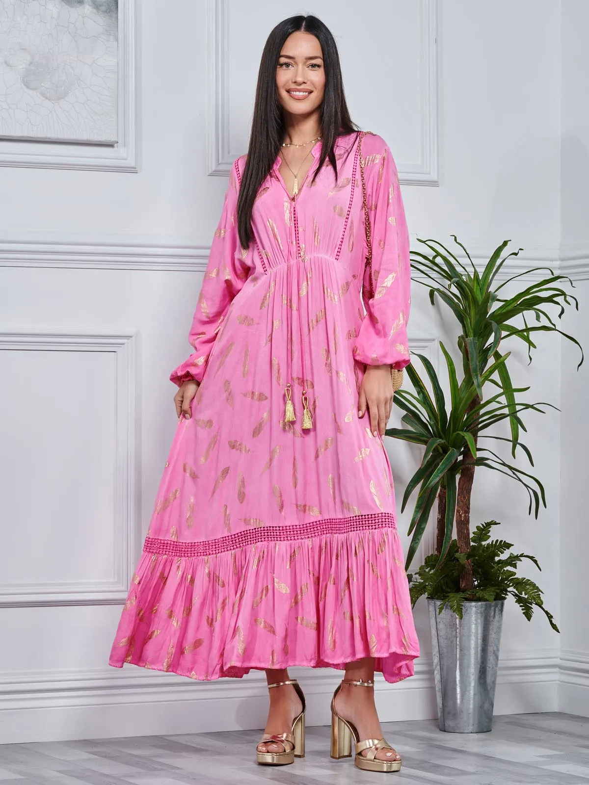 Long Sleeved Lace Trim Holiday Maxi Dress, Pink Multi