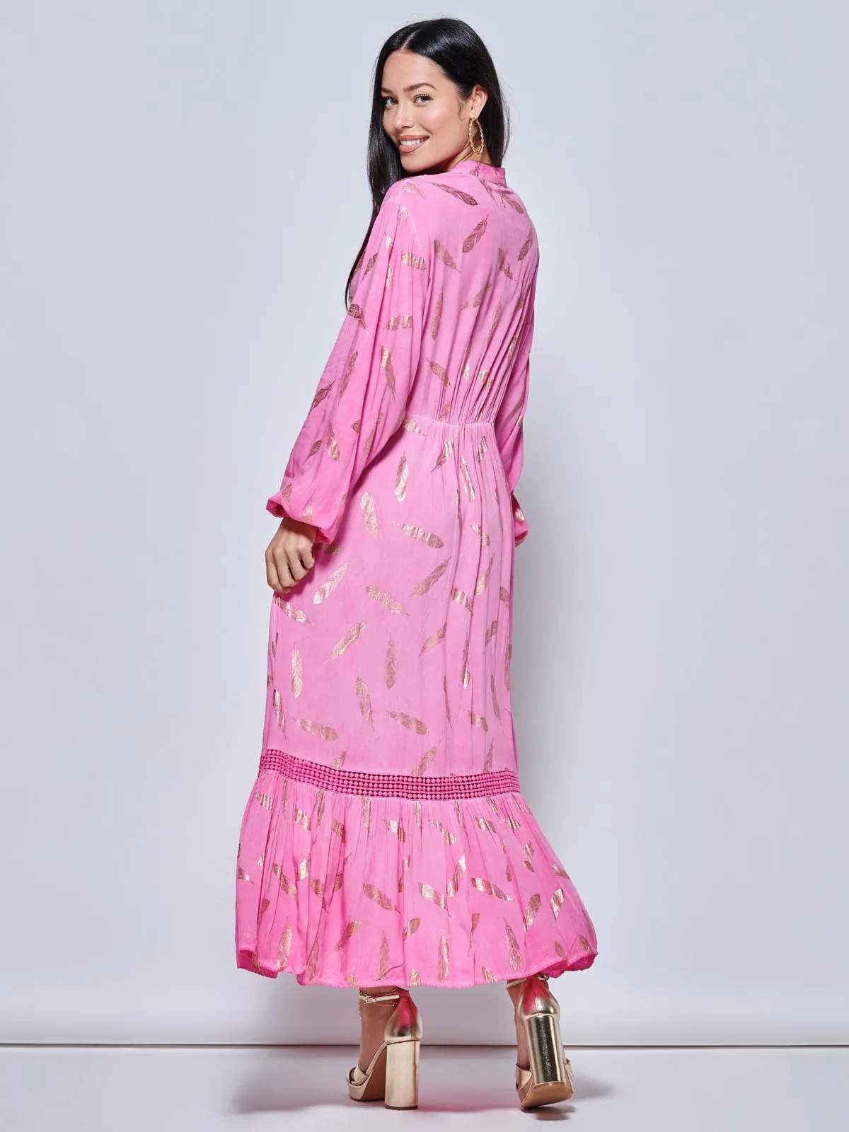 Long Sleeved Lace Trim Holiday Maxi Dress, Pink Multi