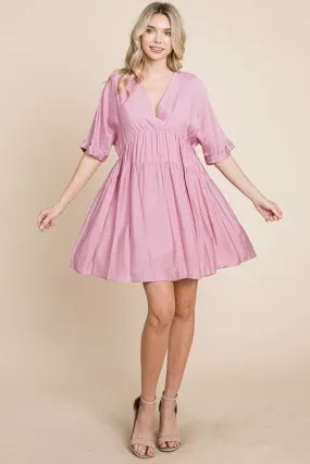 Mauve Tiered Dolman Sleeve V neck Babydoll Dress