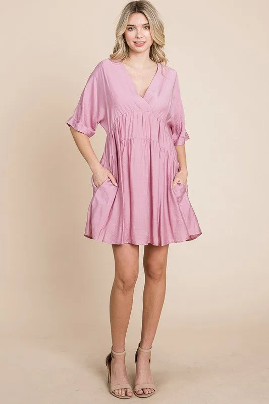 Mauve Tiered Dolman Sleeve V neck Babydoll Dress