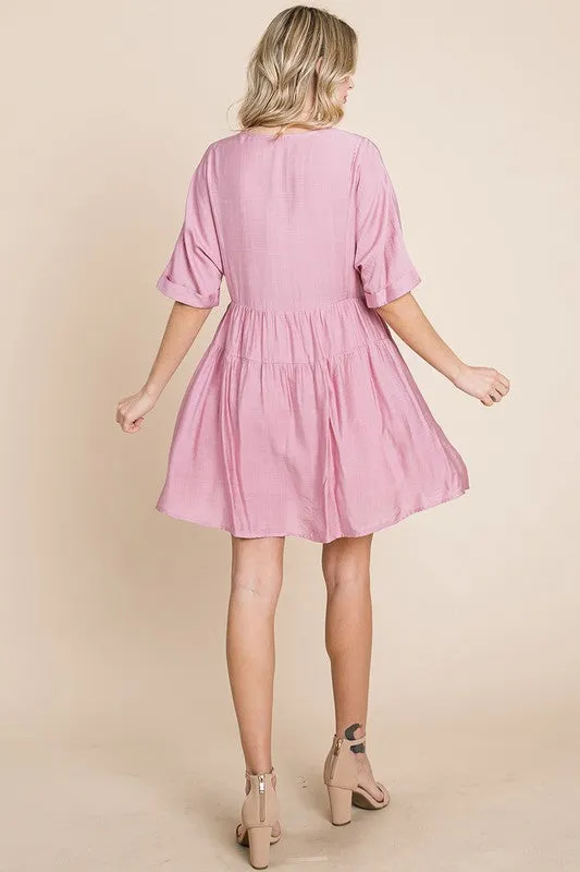 Mauve Tiered Dolman Sleeve V neck Babydoll Dress