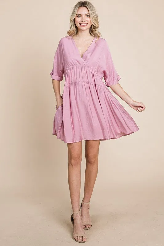 Mauve Tiered Dolman Sleeve V neck Babydoll Dress