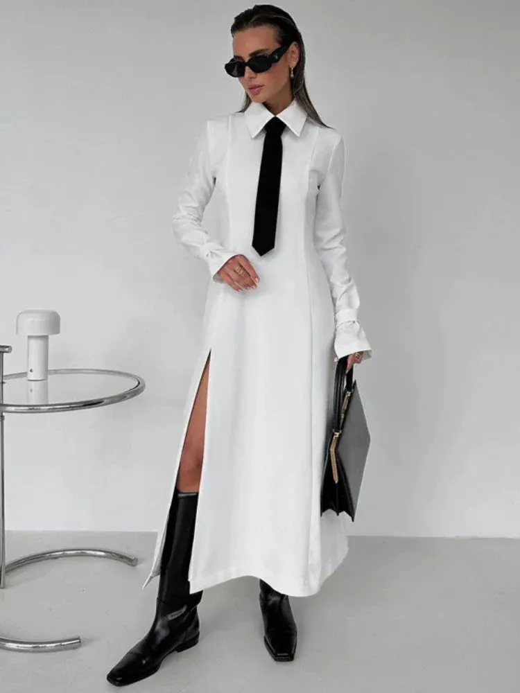 Maxi Elegant Women Side Slit Turn Collar Long Dress Dress