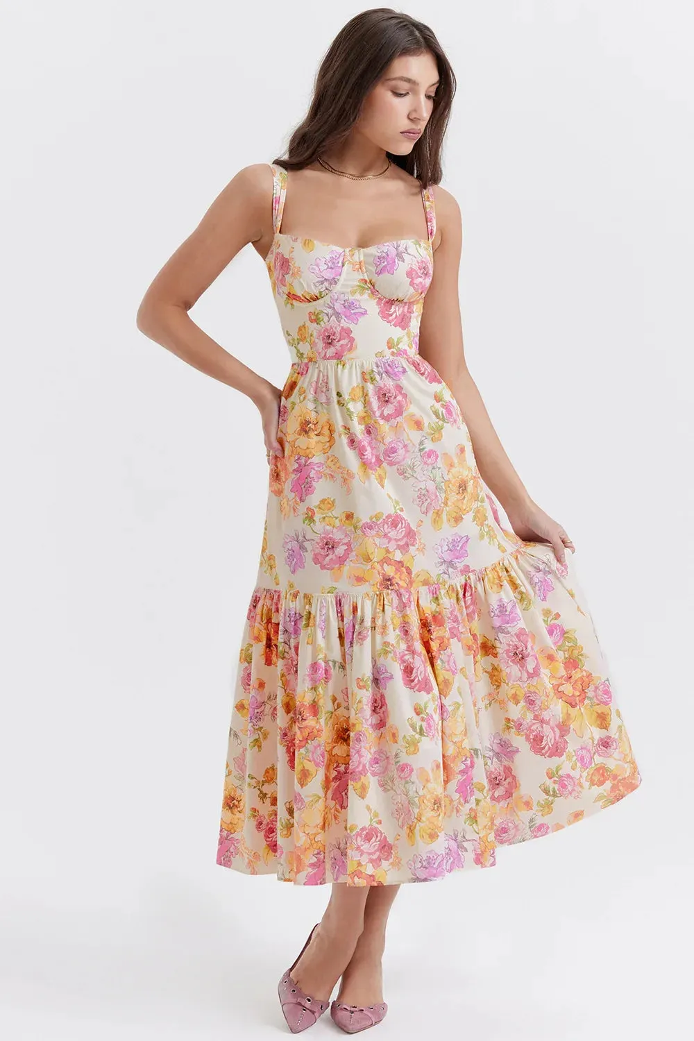 Maxi Print Party Pleated Floral Women Sexy Summer Vintage Dress Dress