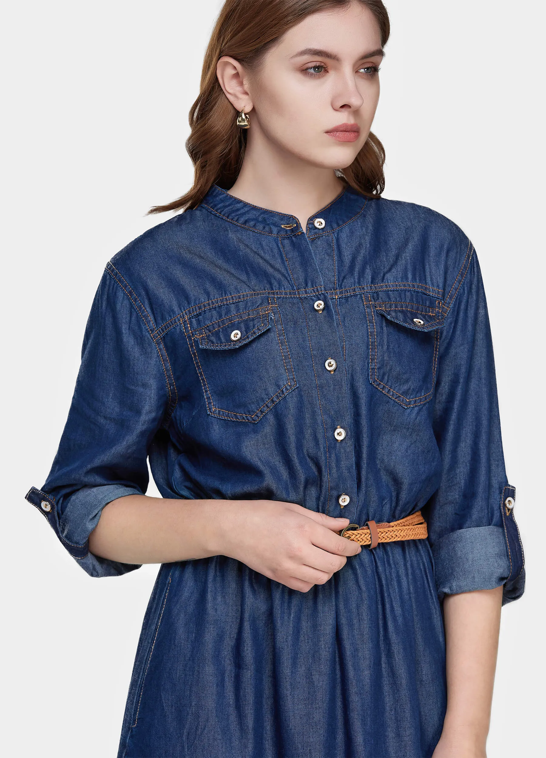 MECALA Women's Plus Size Belted Denim Shirt Dress