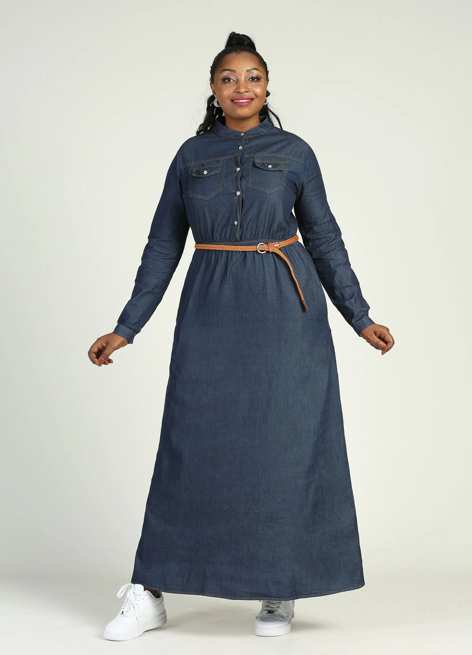 MECALA Women's Plus Size Belted Denim Shirt Dress