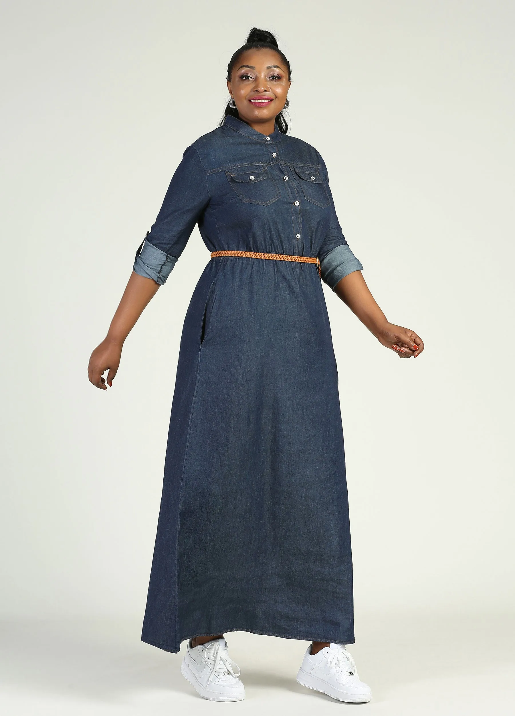 MECALA Women's Plus Size Belted Denim Shirt Dress