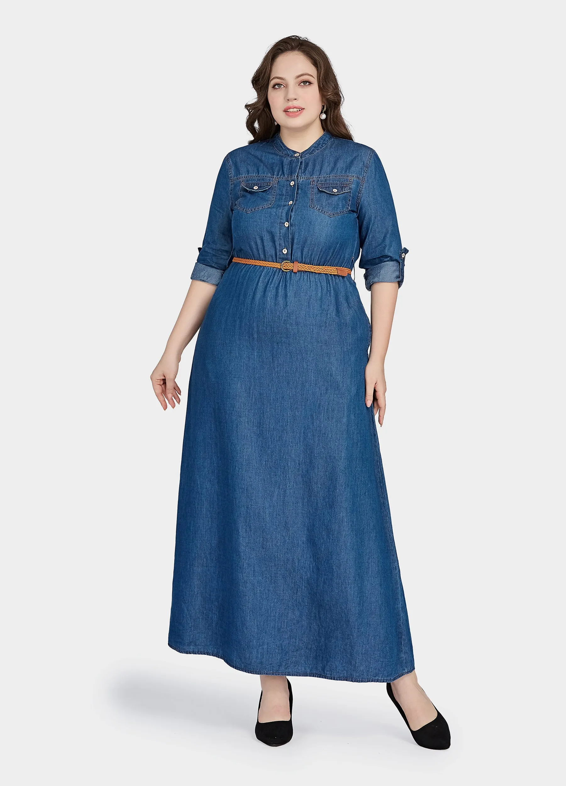 MECALA Women's Plus Size Belted Denim Shirt Dress