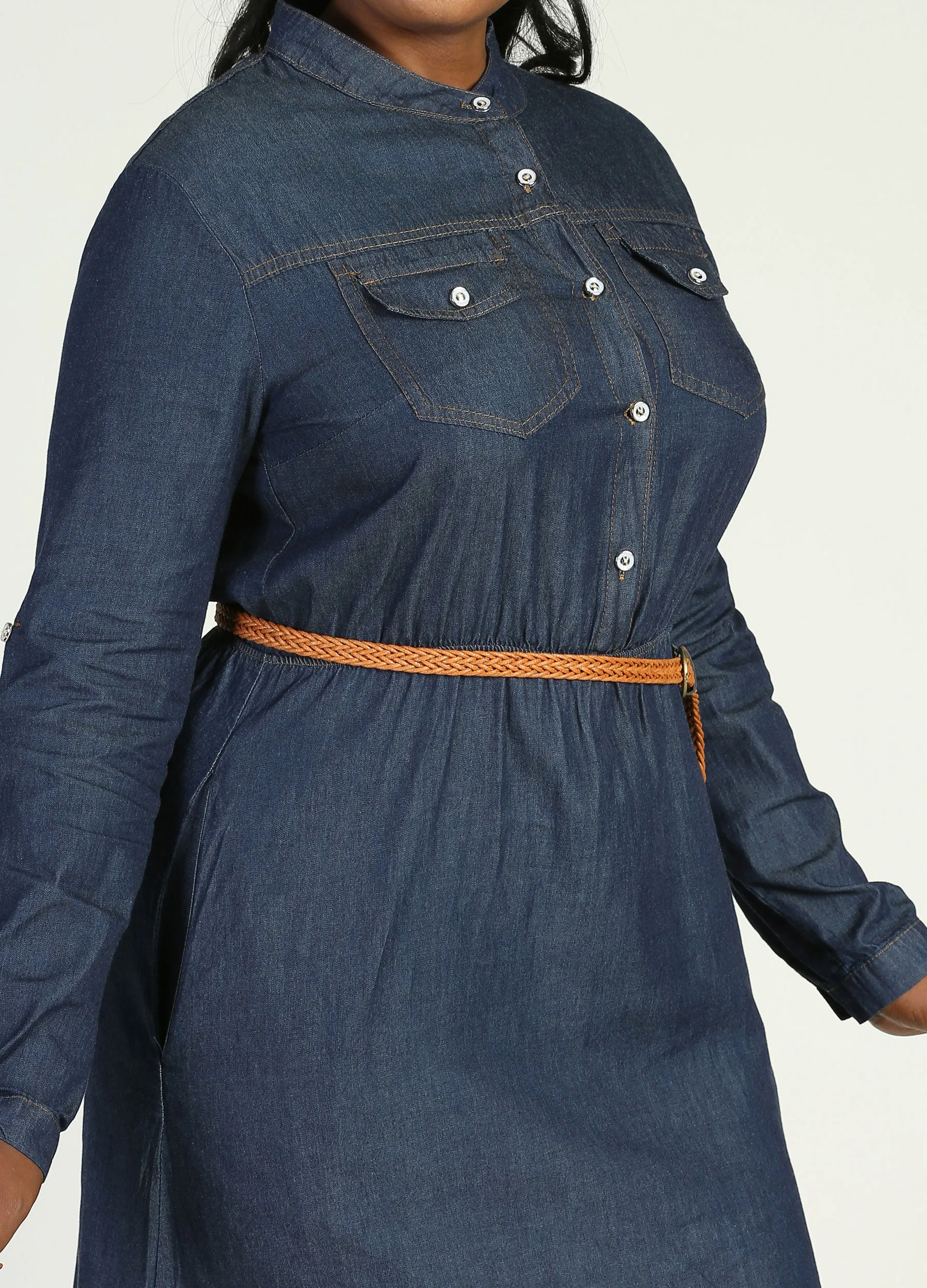 MECALA Women's Plus Size Belted Denim Shirt Dress