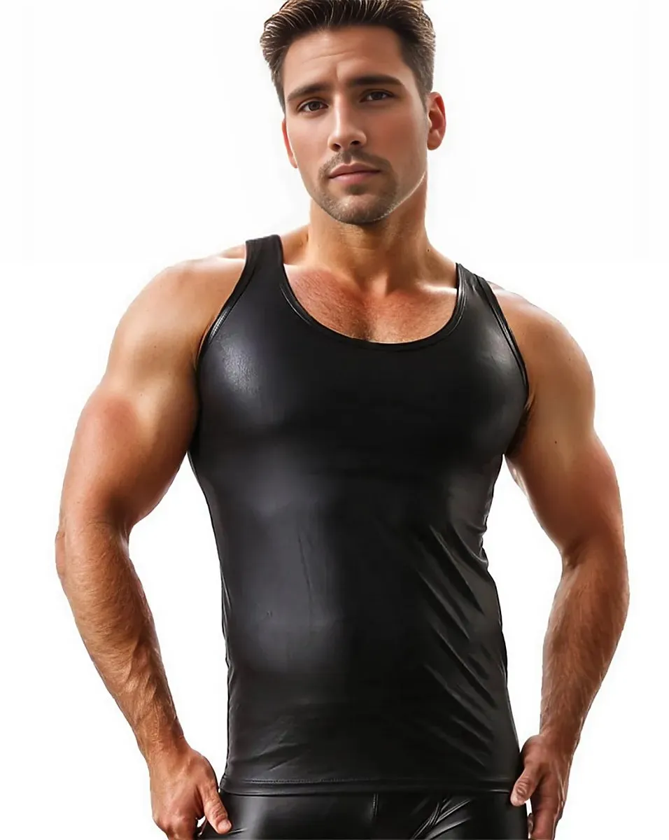 Mens Leather Tank Top Sleeveless Clubwear