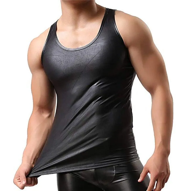 Mens Leather Tank Top Sleeveless Clubwear