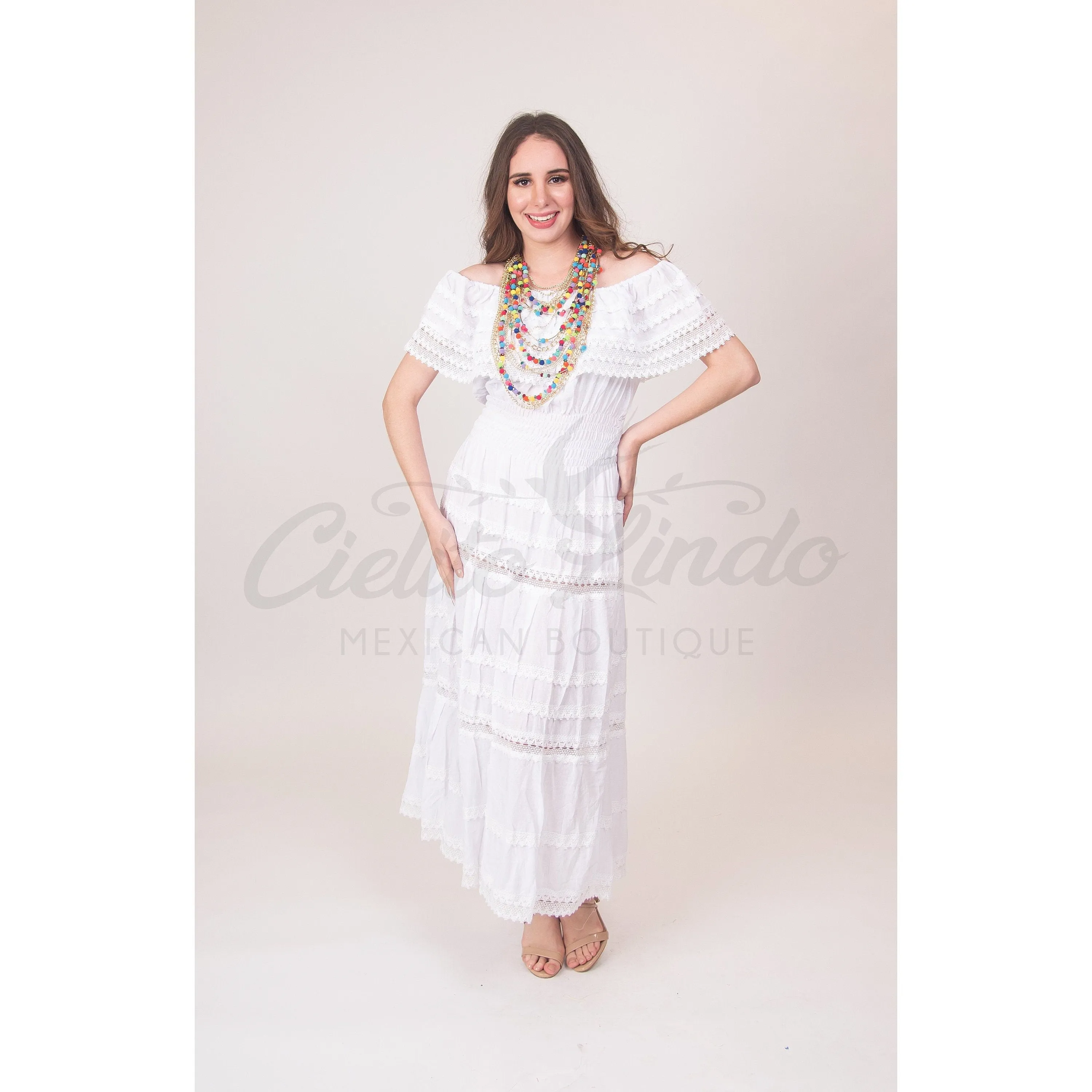 Mexican White Solid Maxi Dress Lace Off the Shoulder - Mexican Themed Wedding - Costume - Fiesta Mexicana - Mexico - One Size