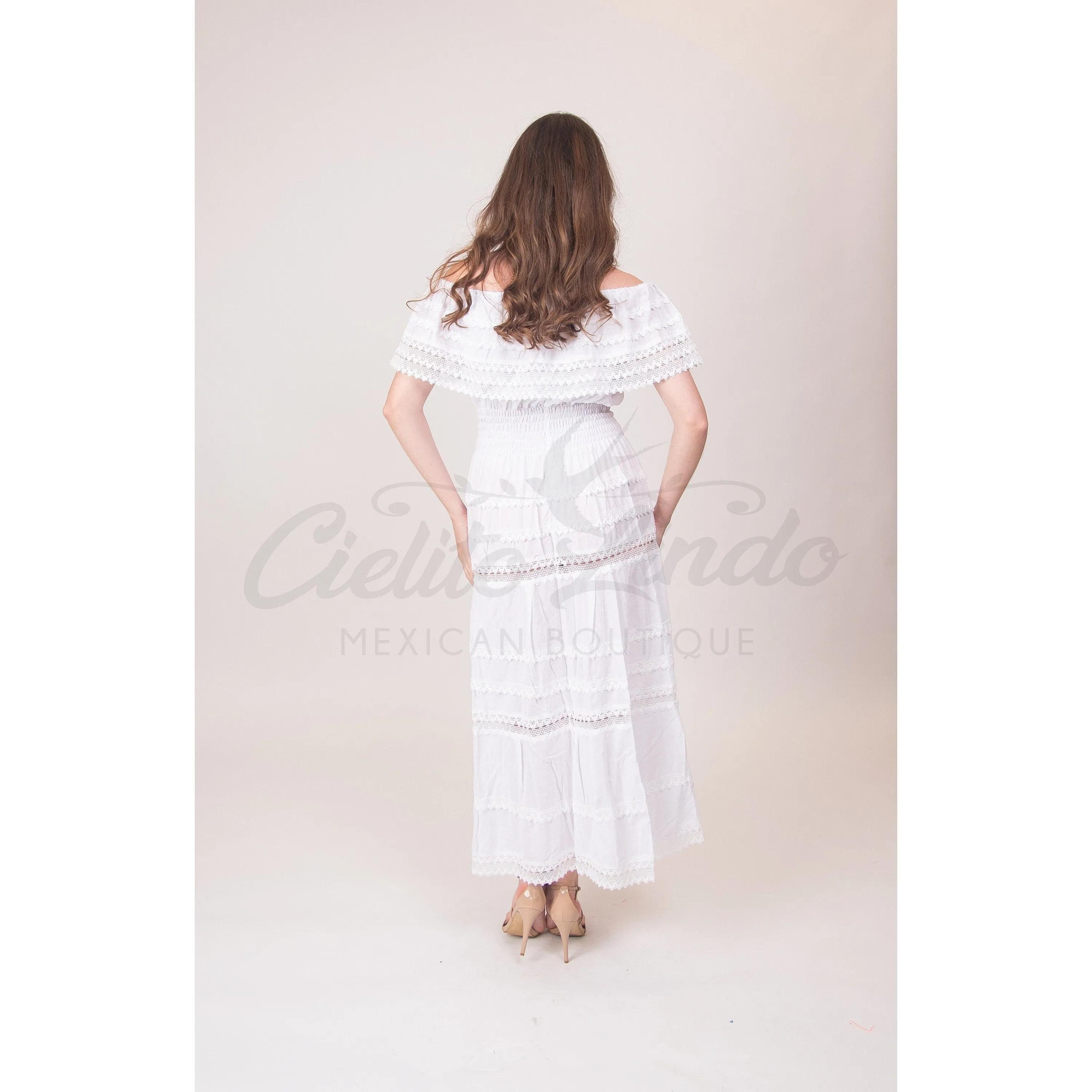 Mexican White Solid Maxi Dress Lace Off the Shoulder - Mexican Themed Wedding - Costume - Fiesta Mexicana - Mexico - One Size