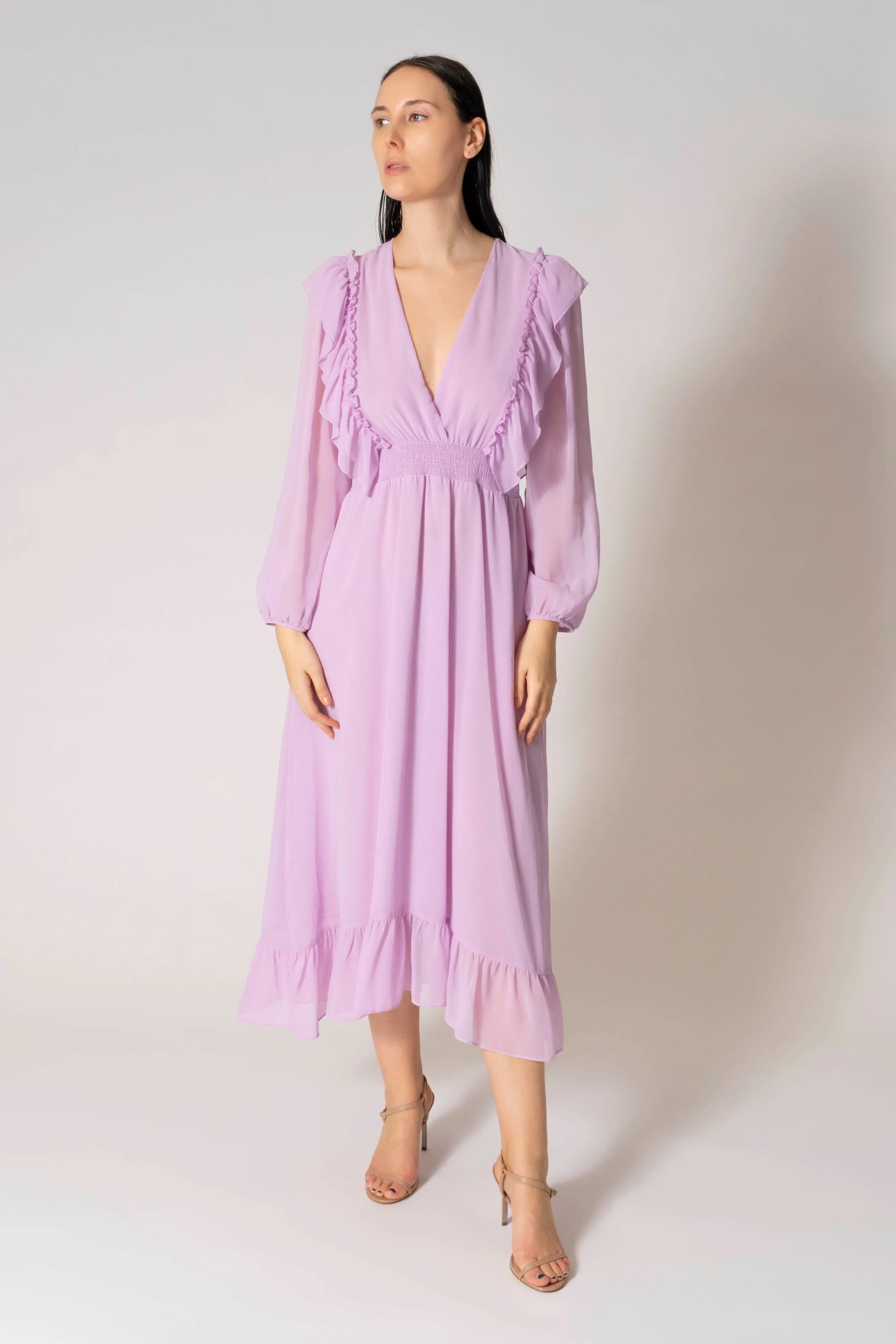 Mina Ruffle V-Neck Pleated Long Sleeve Maxi Dress