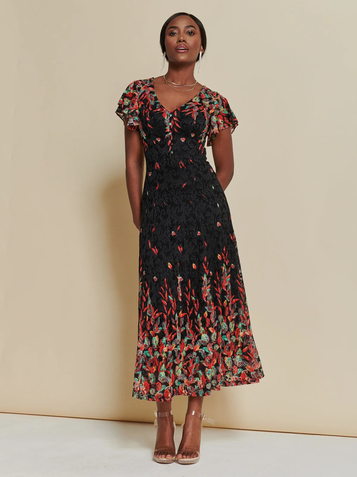 Mirrored Print Lace Maxi Dress, Red Multi