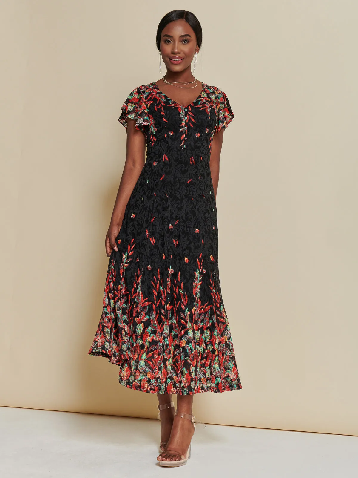 Mirrored Print Lace Maxi Dress, Red Multi