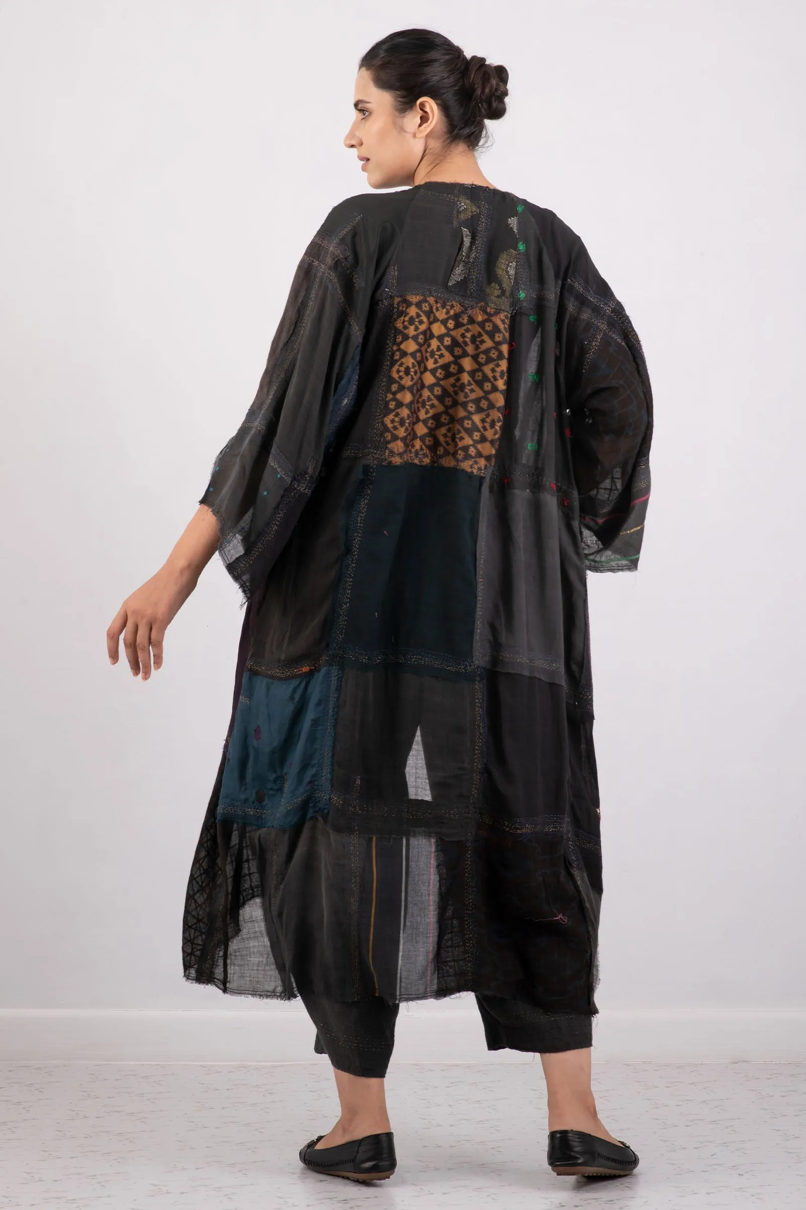 MOSAIC TILE PATCH KANTHA KIMONO MAXI - mt1318-blk -