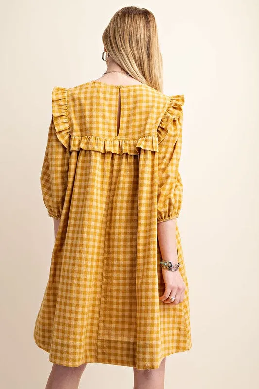 Mustard Gingham Ruffled Babydoll Mini Dress