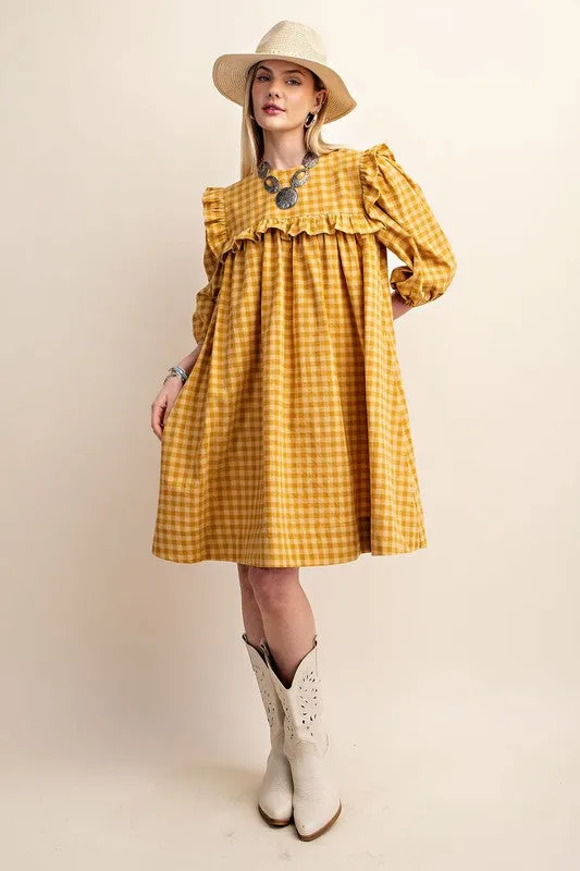 Mustard Gingham Ruffled Babydoll Mini Dress