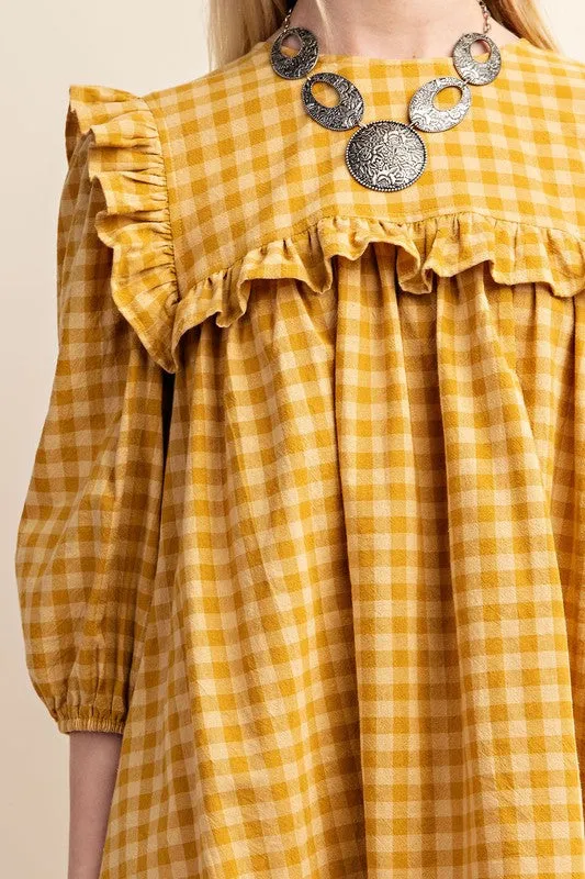 Mustard Gingham Ruffled Babydoll Mini Dress