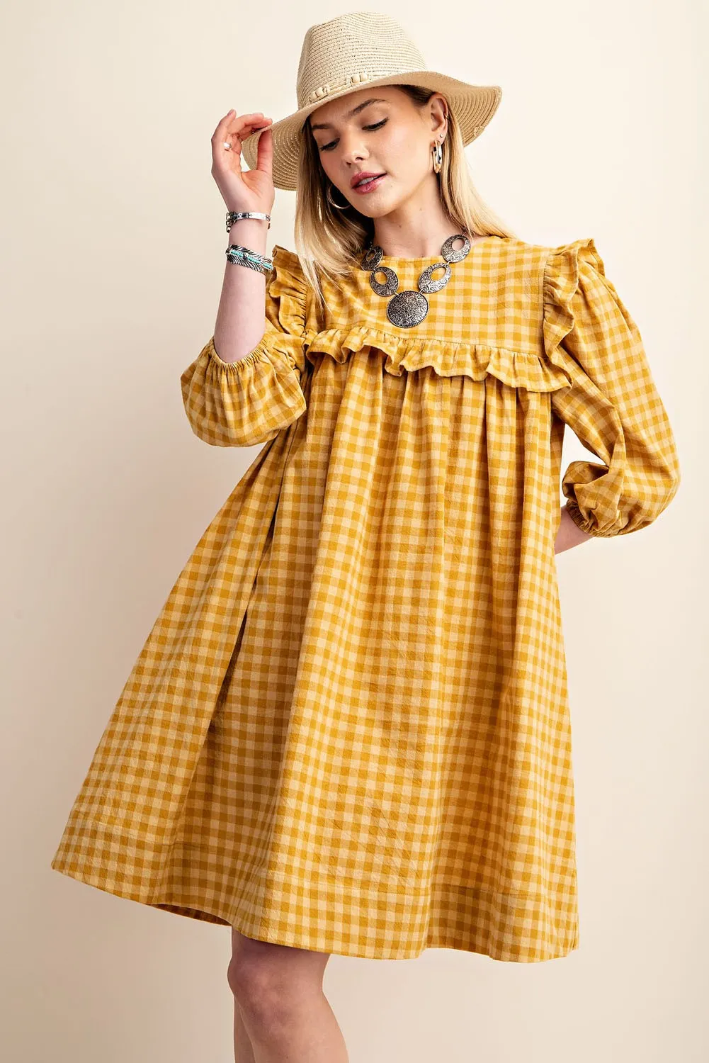 Mustard Gingham Ruffled Babydoll Mini Dress