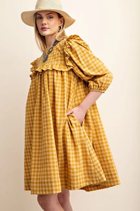 Mustard Gingham Ruffled Babydoll Mini Dress