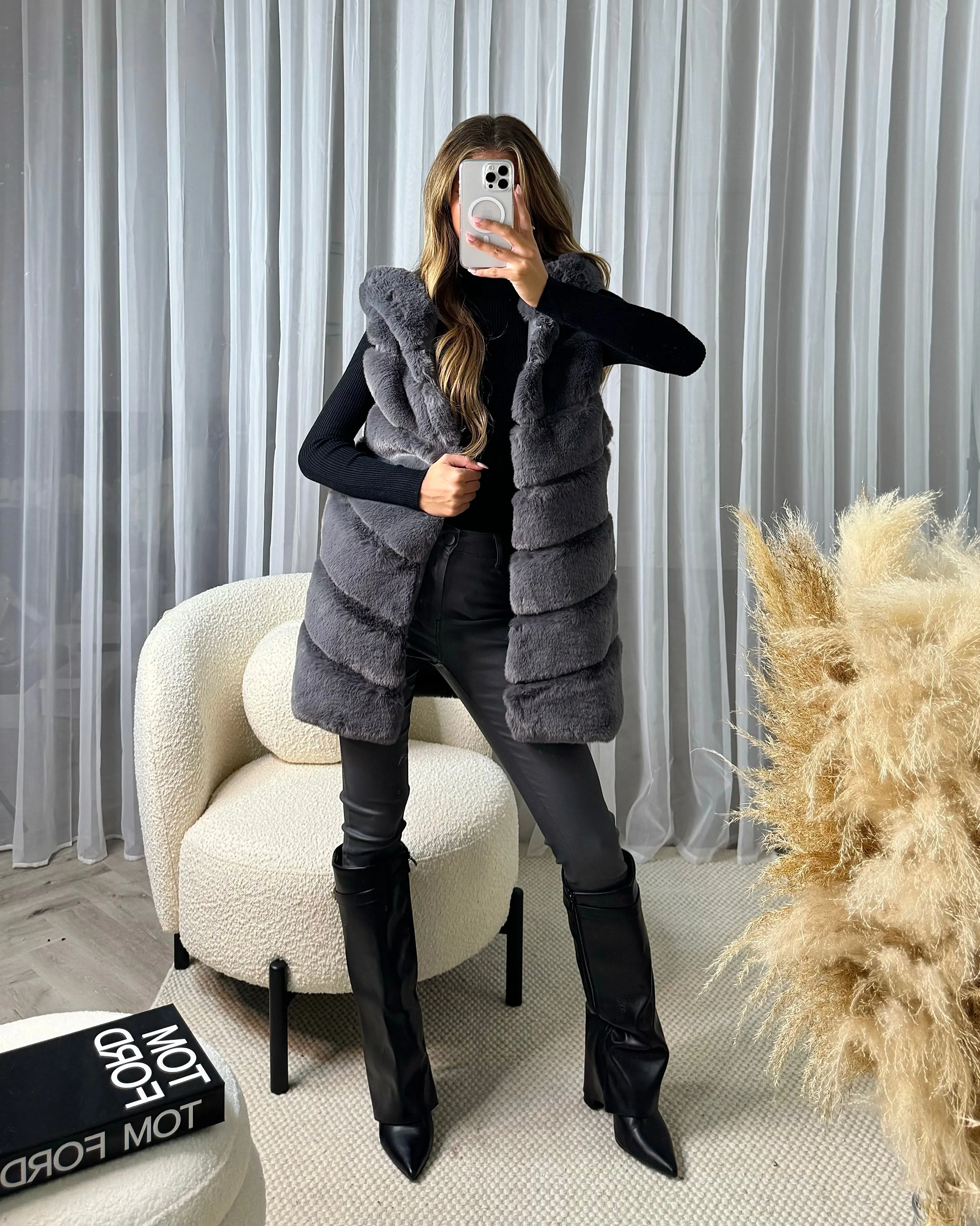 Naomi Faux Fur Gilet with Hood - Charcoal Grey