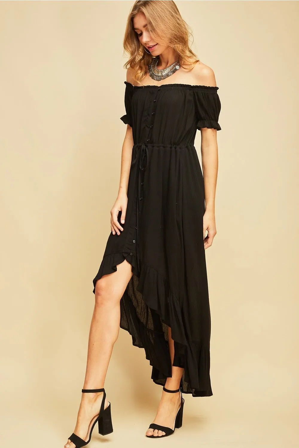 Off the Shoulder High Low Dress, Black