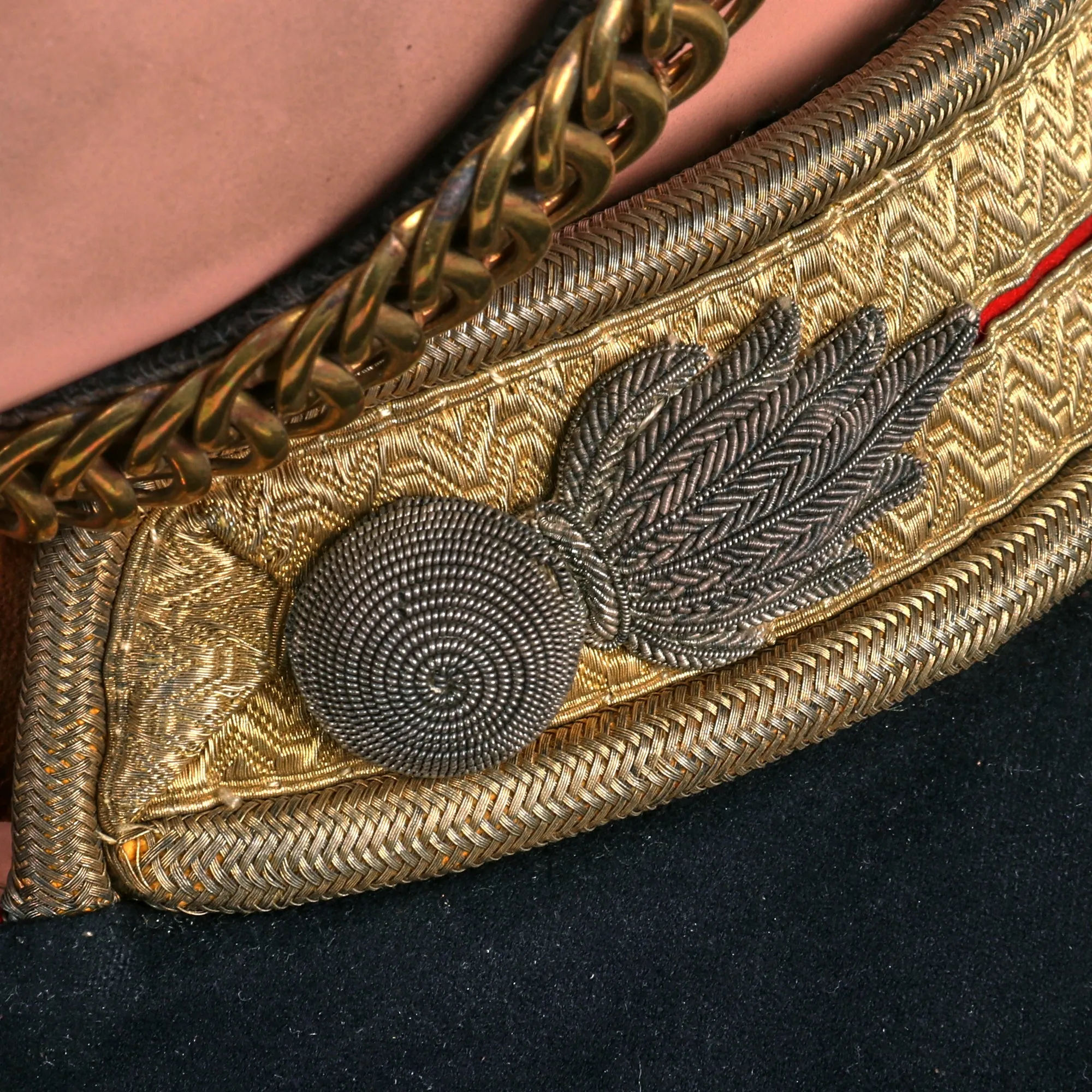 Original British Victorian Era Boer Wars Royal Artillery Colonel Grouping With Sabretache, Baldric With Pouch, Blue Cloth Dress Spike Helmet, Swagger Stick and Tin Travel Cases