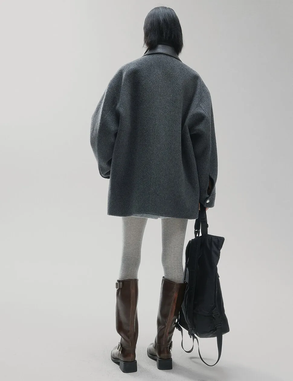 Oversized Wool Leather Collar Coat