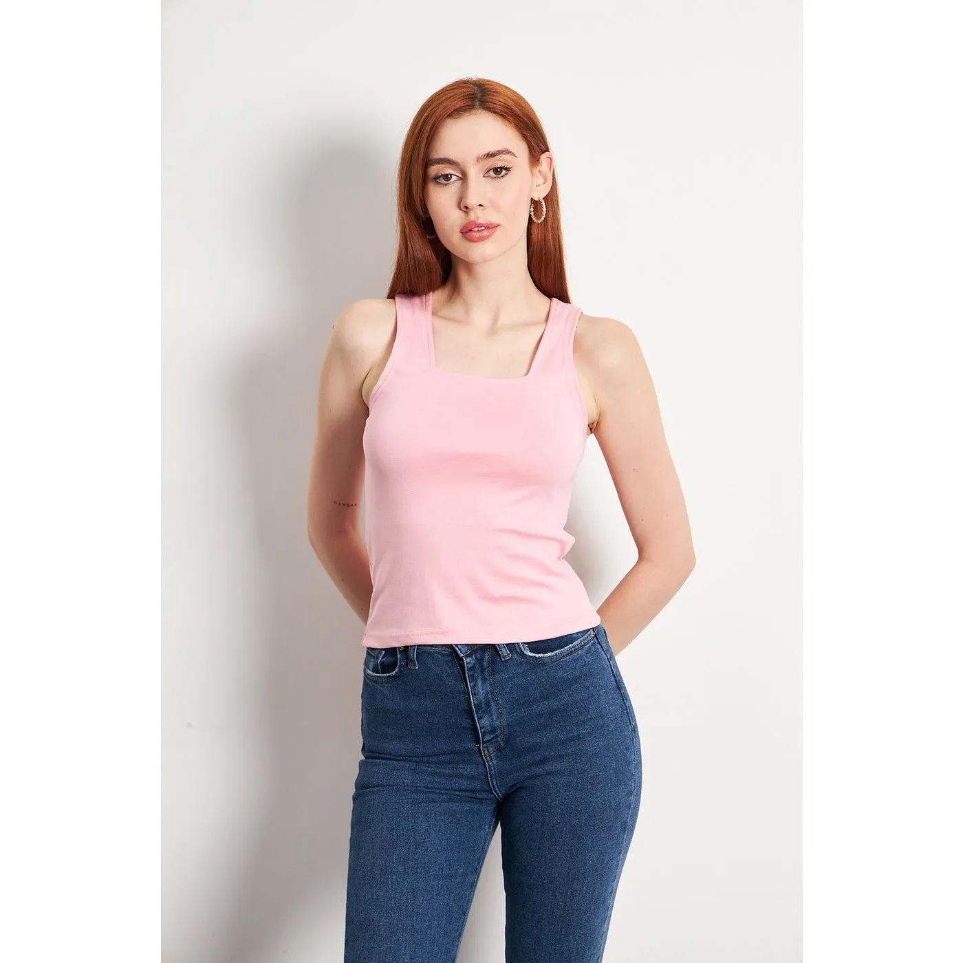 Pink Square Neck Tank Top