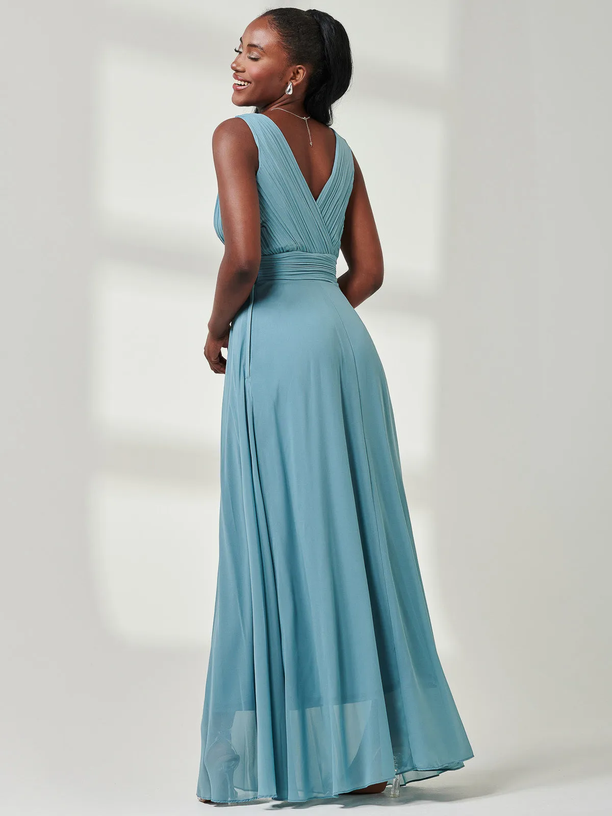 Pleated Bodice Chiffon Maxi Dress, Dusty Green