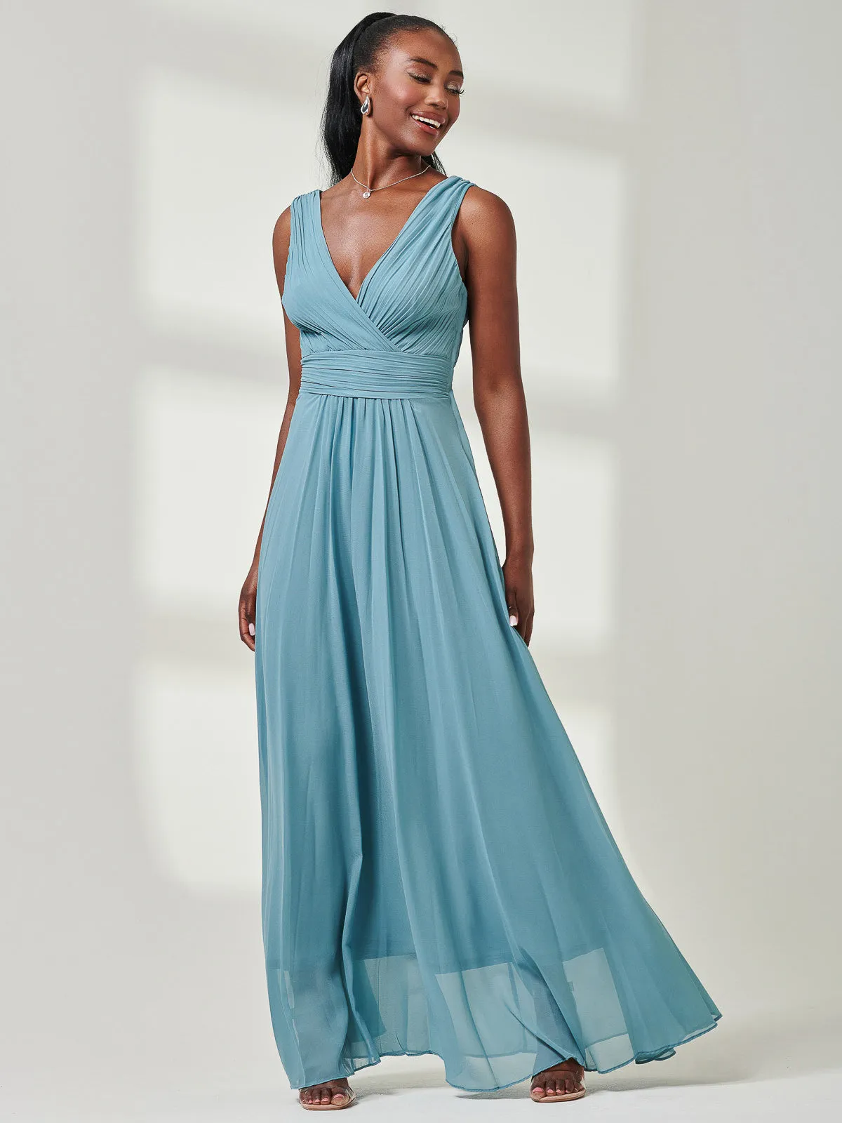 Pleated Bodice Chiffon Maxi Dress, Dusty Green