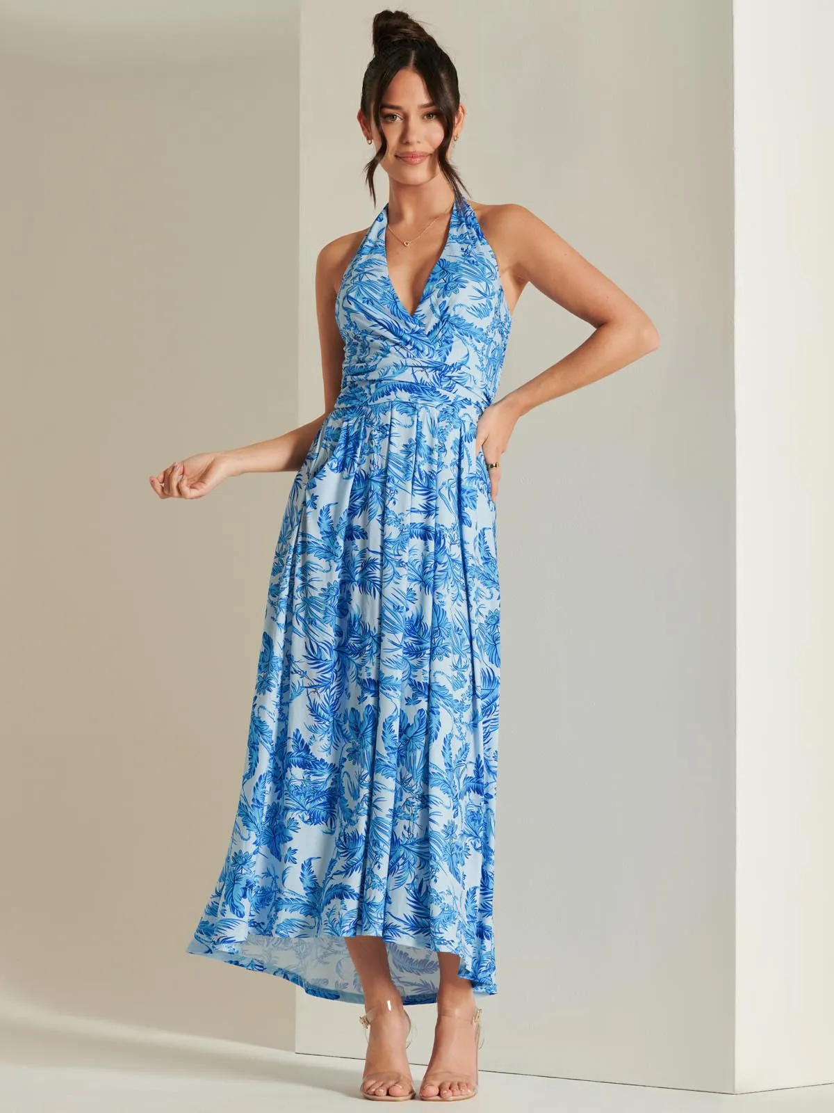 Plunge Neck Shirred Back Maxi Dress, Blue