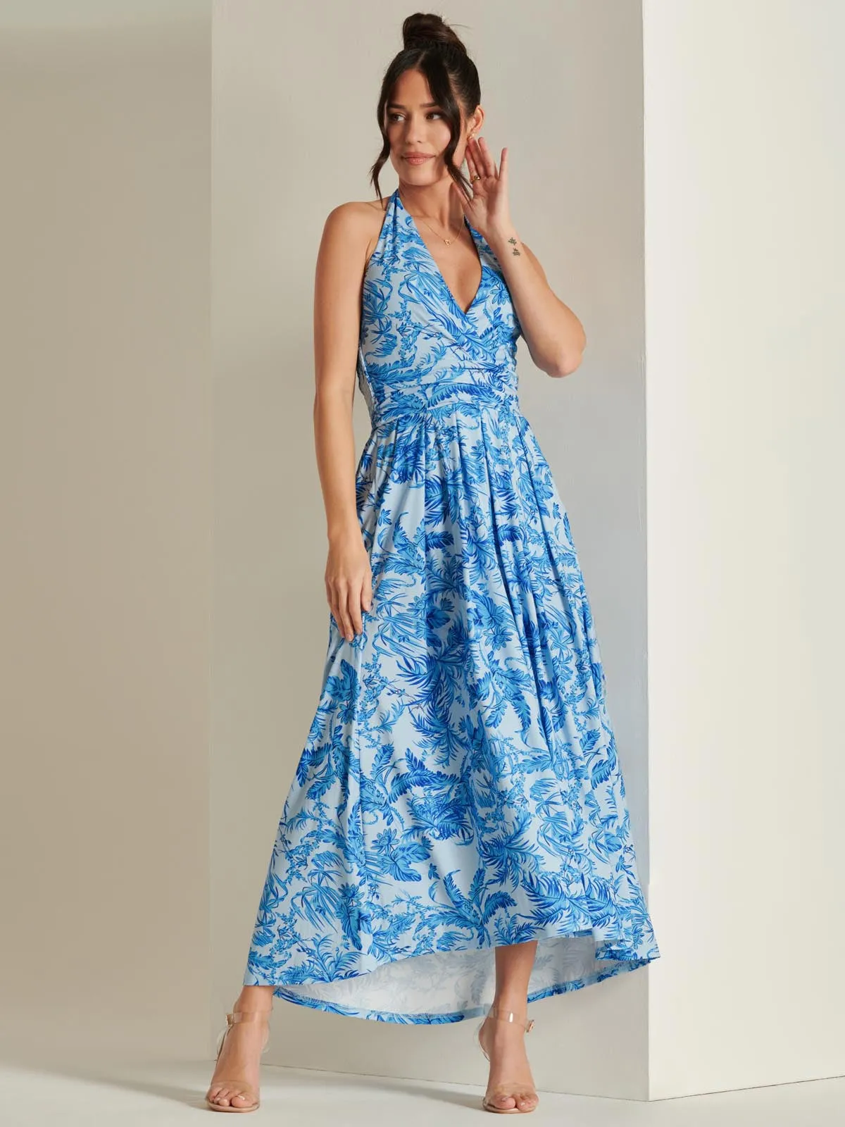 Plunge Neck Shirred Back Maxi Dress, Blue