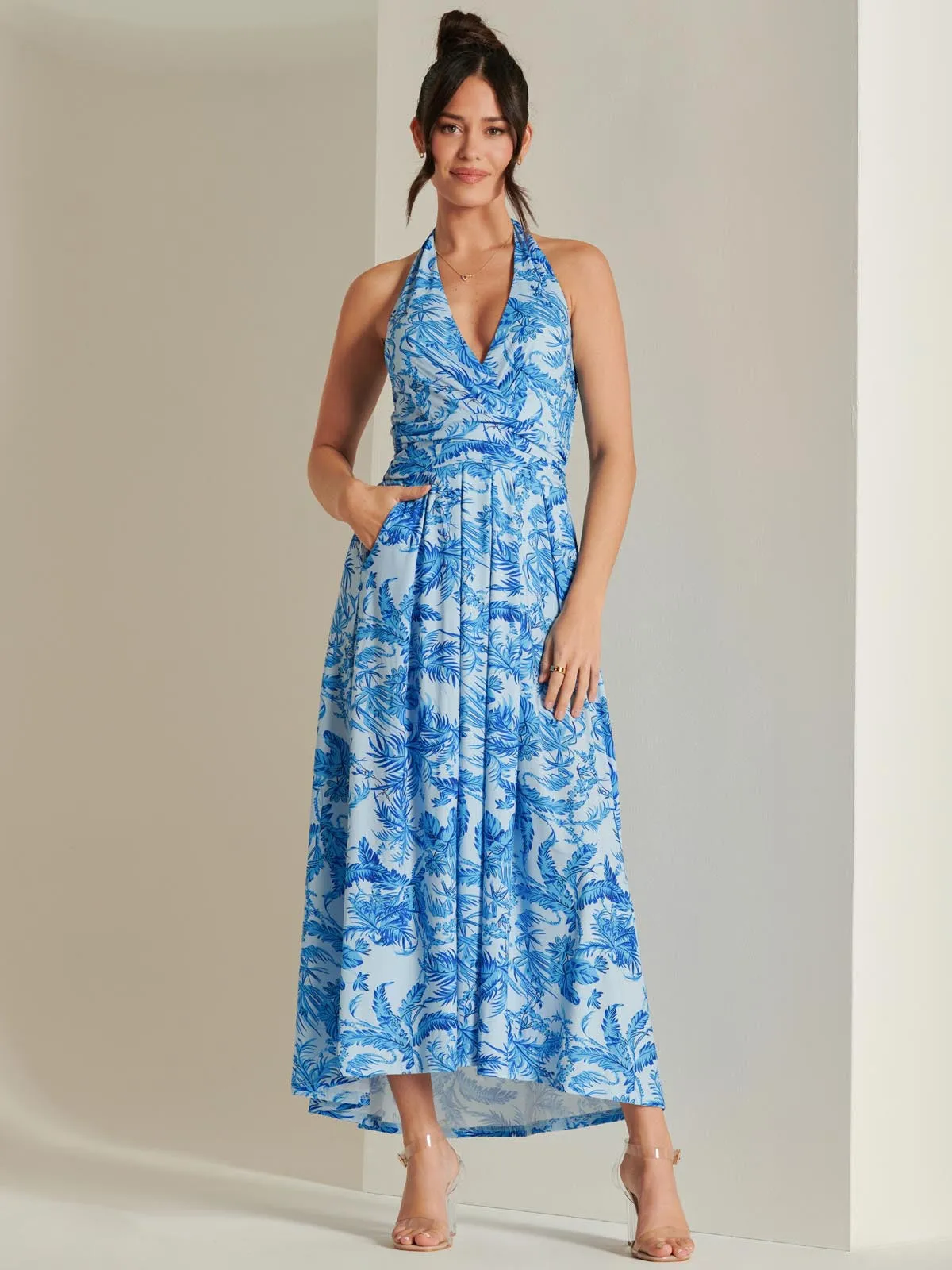 Plunge Neck Shirred Back Maxi Dress, Blue