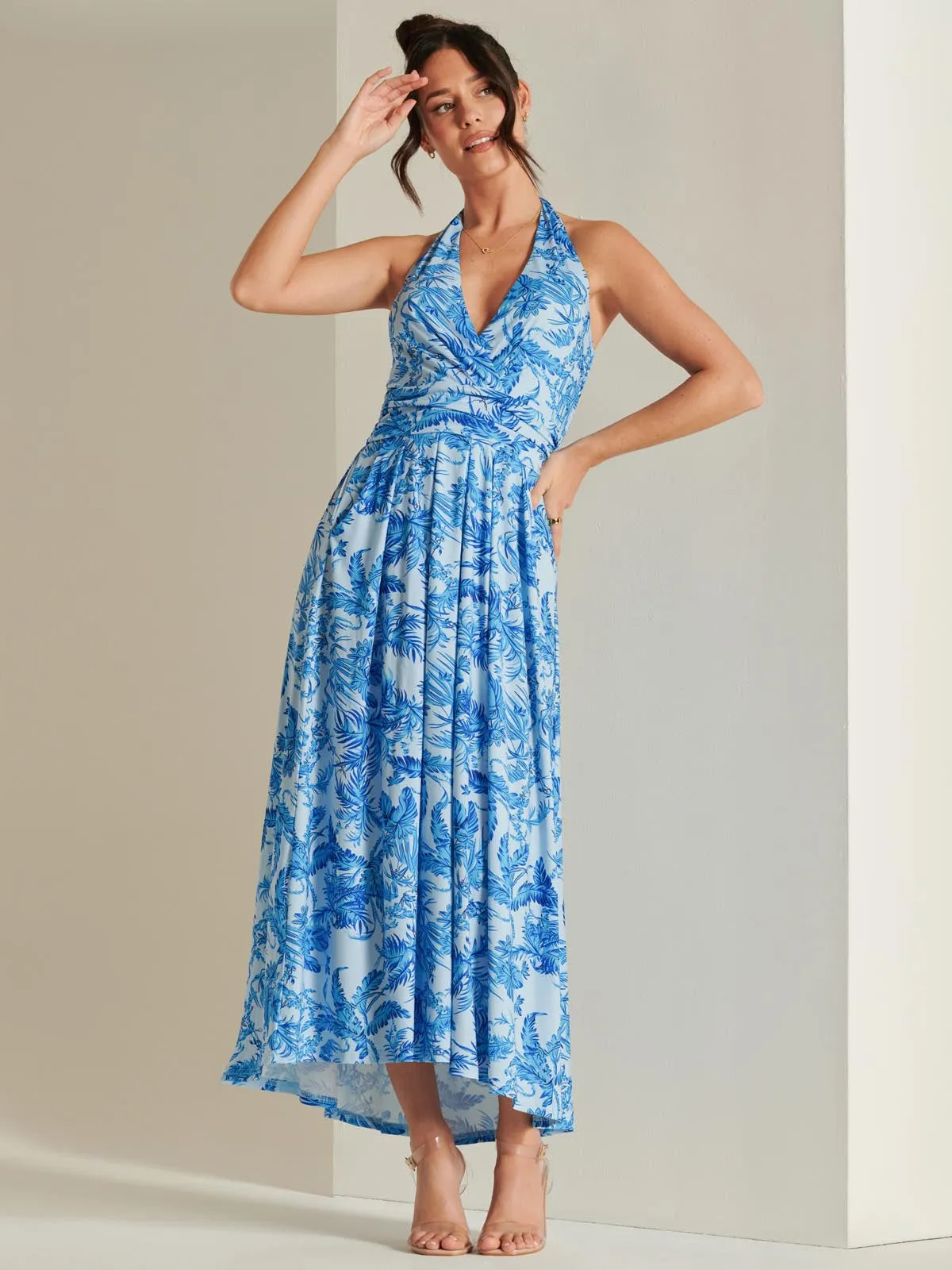 Plunge Neck Shirred Back Maxi Dress, Blue