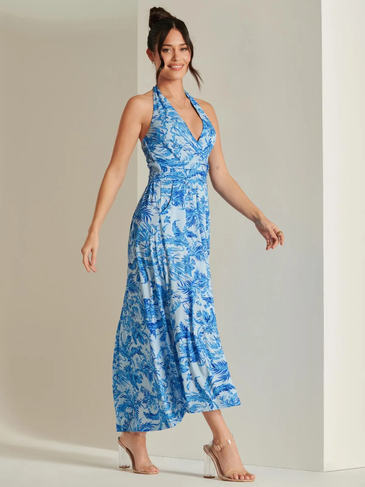 Plunge Neck Shirred Back Maxi Dress, Blue