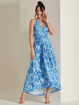 Plunge Neck Shirred Back Maxi Dress, Blue