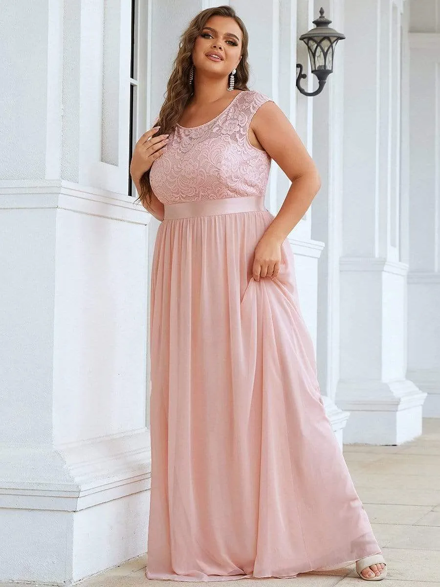 Plus Size Classic Round Neck V Back A-Line Chiffon Bridesmaid Dresses with Lace