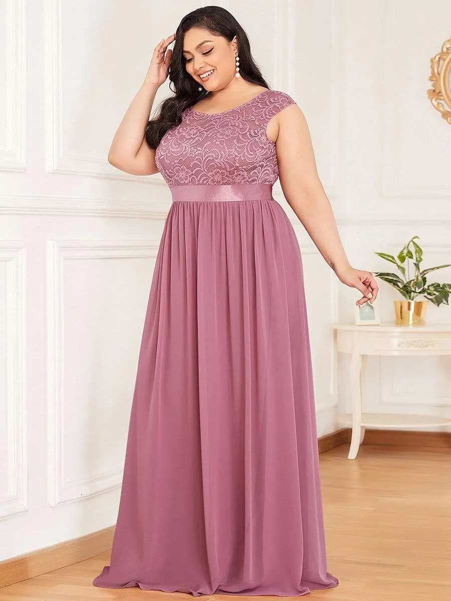 Plus Size Classic Round Neck V Back A-Line Chiffon Bridesmaid Dresses with Lace