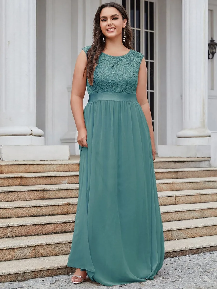 Plus Size Classic Round Neck V Back A-Line Chiffon Bridesmaid Dresses with Lace