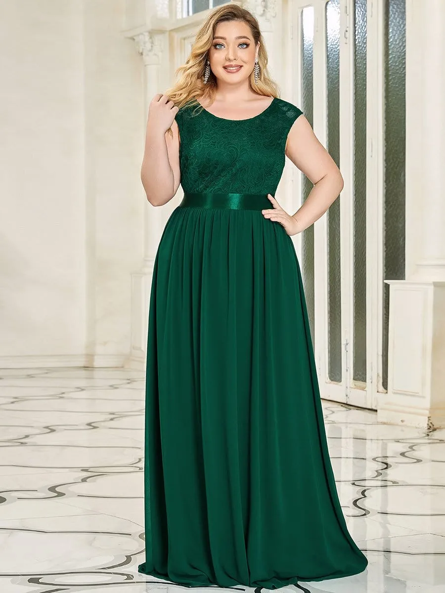 Plus Size Classic Round Neck V Back A-Line Chiffon Bridesmaid Dresses with Lace