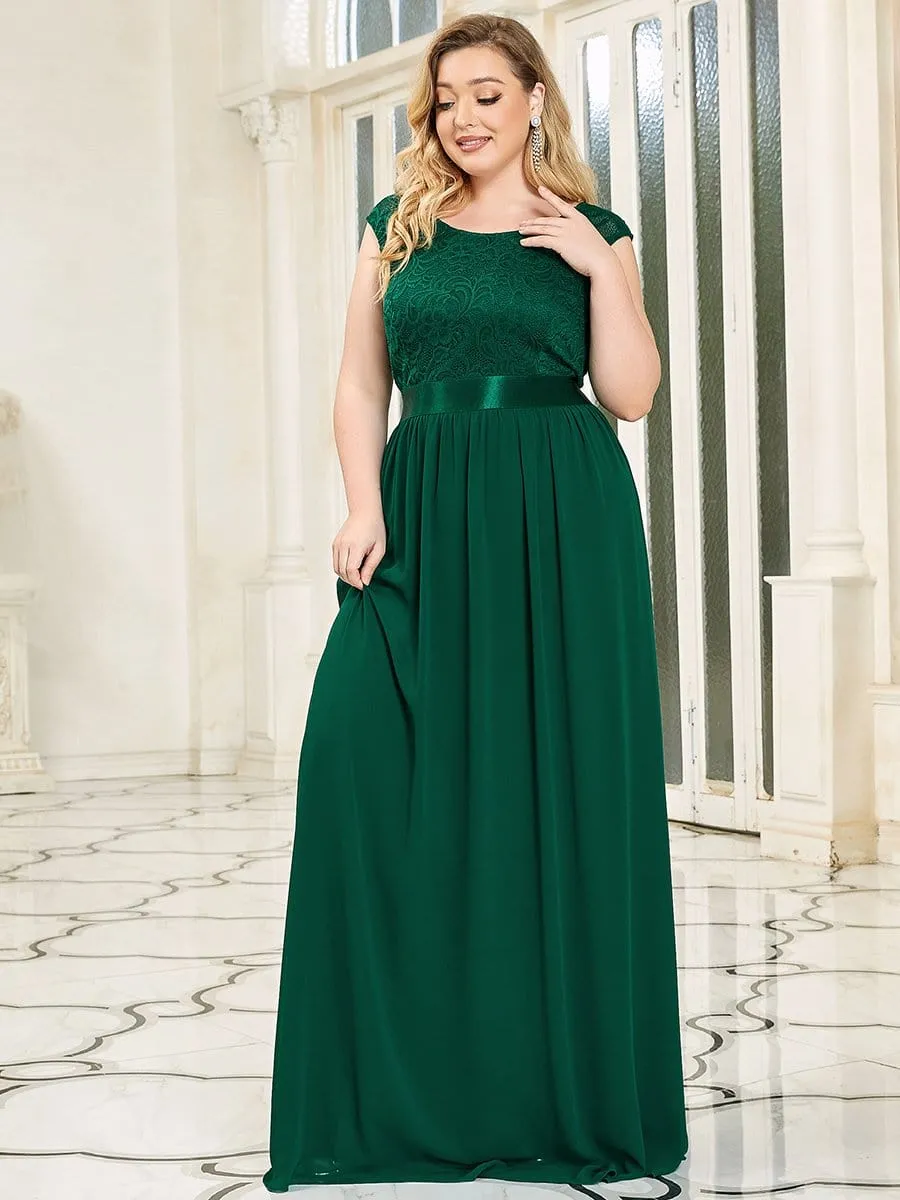 Plus Size Classic Round Neck V Back A-Line Chiffon Bridesmaid Dresses with Lace